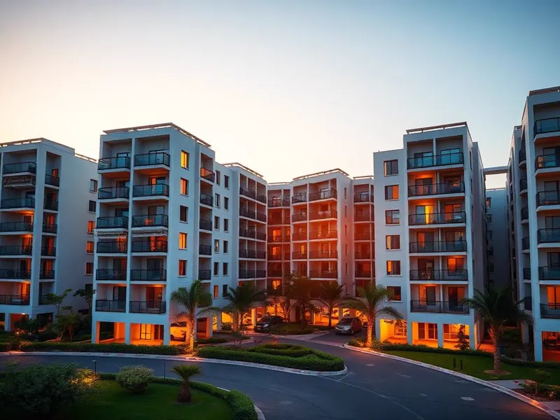 Modern residential apartment community in the Tricity at golden hour