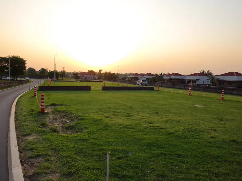 Open residential plot with boundary markers in a developing Tricity area
